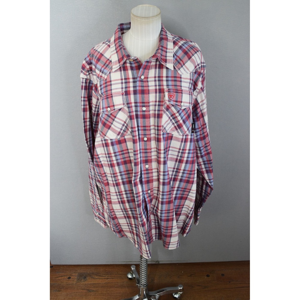 Ariat FR Work Shirt XXL Red Blue Plaid Pearl Snap Western CAT 2 Mens Safety